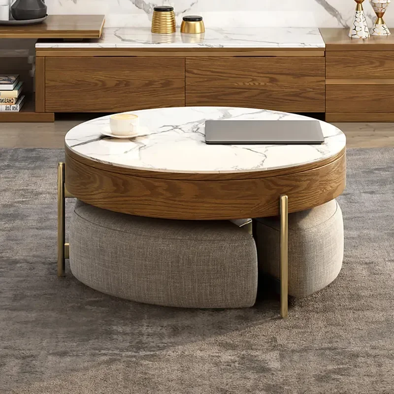 White and Walnut color modern round lifting coffee table set, practical and beautiful with storage space