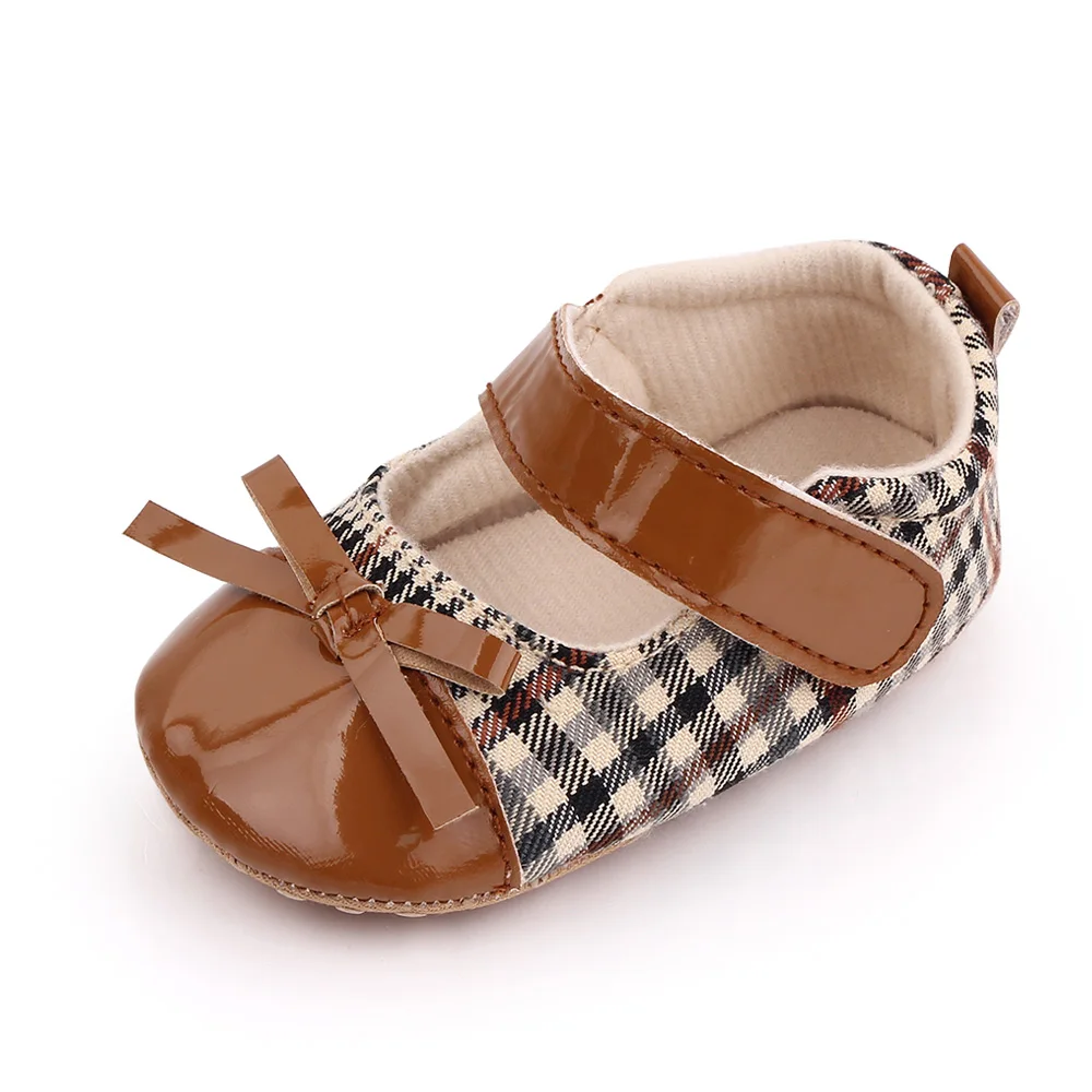 Baby Girls Cute Matching Plaid Solid Leather Bow Infants Soft Soled Princess Toddler Shoes factory