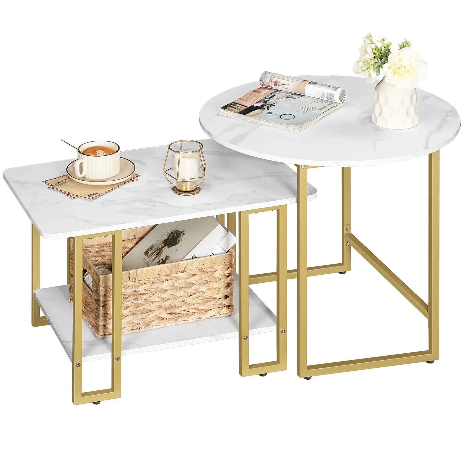 Wholesale Gold Round Center And Side Tables Marble Gold Brass Wood Nesting Coffee Tables With Marble Top For Living Room Luxury