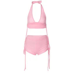 Summer Sexy Pink Halter V Neck Shorts Two Piece Set Beach Vacation Outfits For Women 2023 2023 Bodycon Shorts Sets