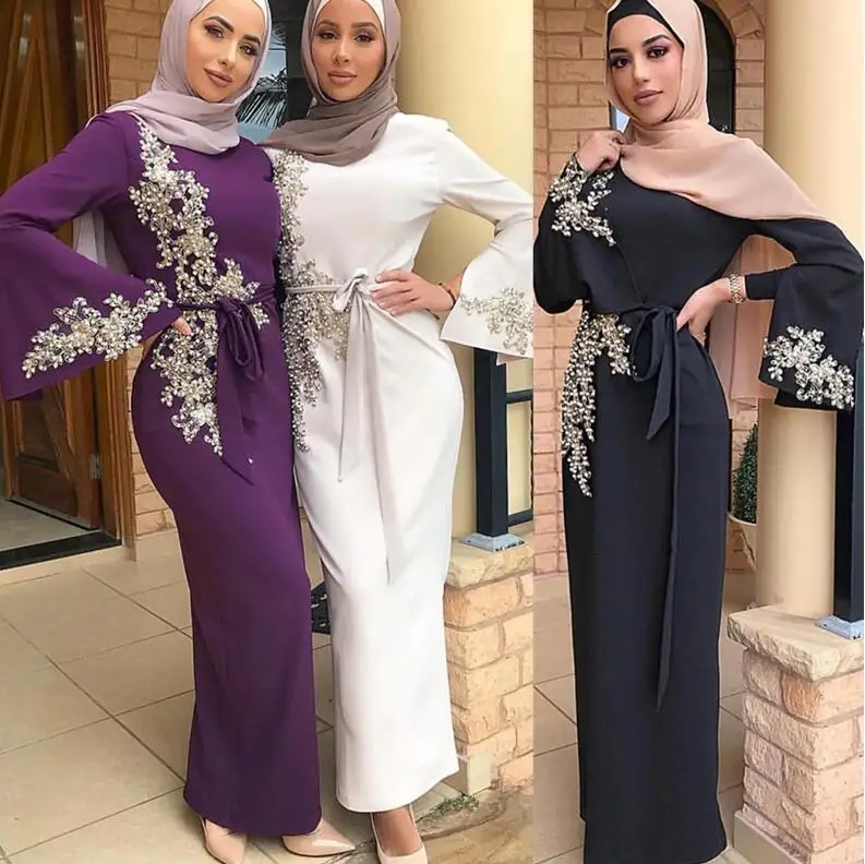 Femmes musulmanes Satin Abaya manches longues maxi robe kaftan Jilbab robe Parti robe