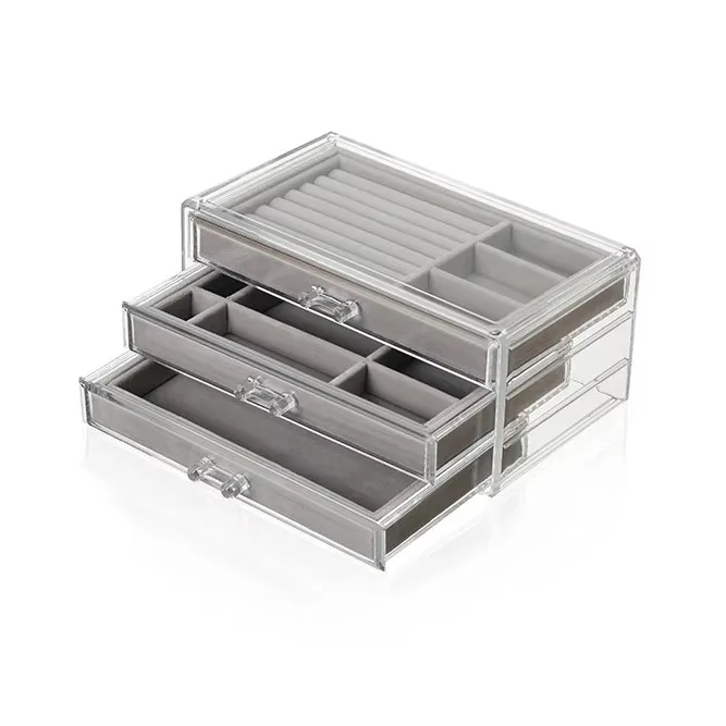 3 Drawers Earring Rings Necklaces Container Jewellery Display Box Clear Acrylic Velvet Jewelry Organizer Storage Box