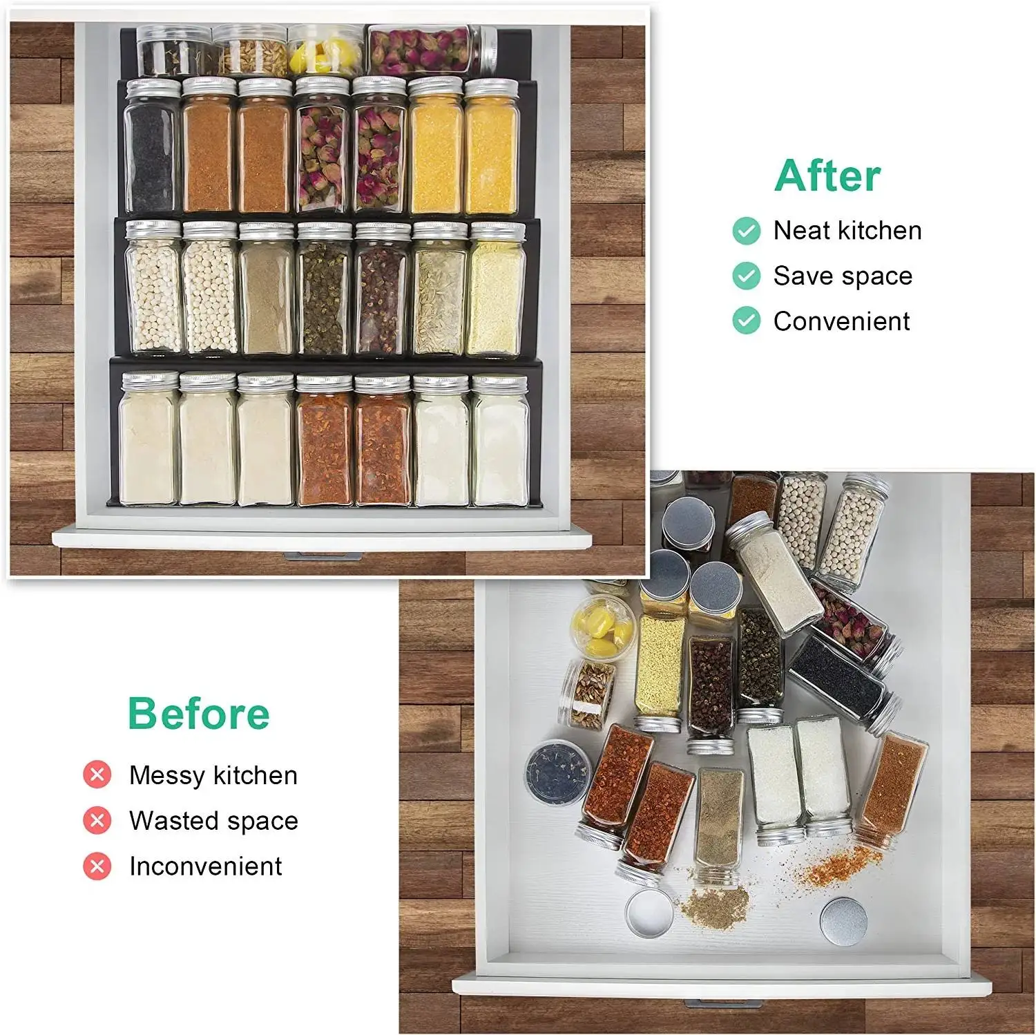 Kitchen Cabinet Seasoning Bottle Jar Tray Storage Holder Stackable Black Drawer Spice Rack Organizer