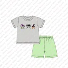 Boys New Boys Short Sleeve Suit Halloween Applique Grey Cotton Top Green Striped Shorts 2 Pieces Set