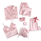 Silk MS Women Silk Satin Embroider Pajamas 7pcs Long Sleeve Loungewear Pajamas Ladies Sleepwear Night PJ Sets