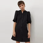 Women's New Design Front Buttons Round Neckline Half Puff Sleeves Casual Summer Black Shirt Dress