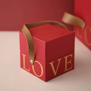 Nicro Square Hard Box Wedding Guess Red LOVE Bronzed Gold Gift Box Cowhide Portable Valentines Day Gift Box