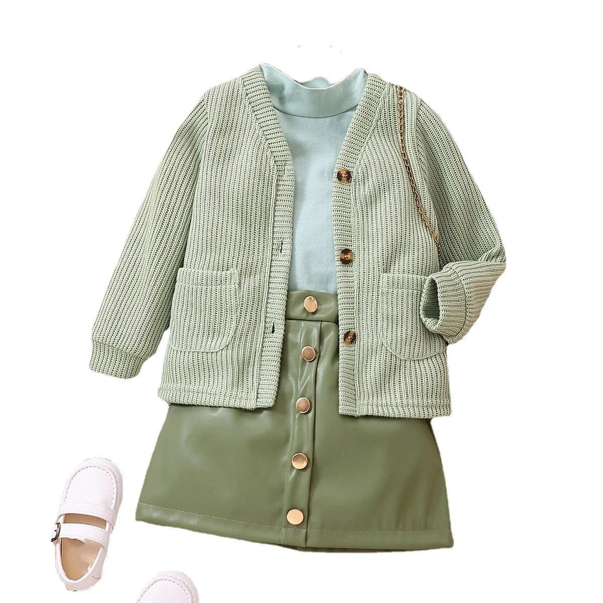 New arrival toddler girls clothes fashion outfits leather skirt+shirts+cardigan sweater 3pcs boutique kids clothing suits