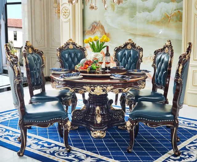 T100 Crown Round Table Luxury classic European style restaurant dining table furniture including dining table marble countertop