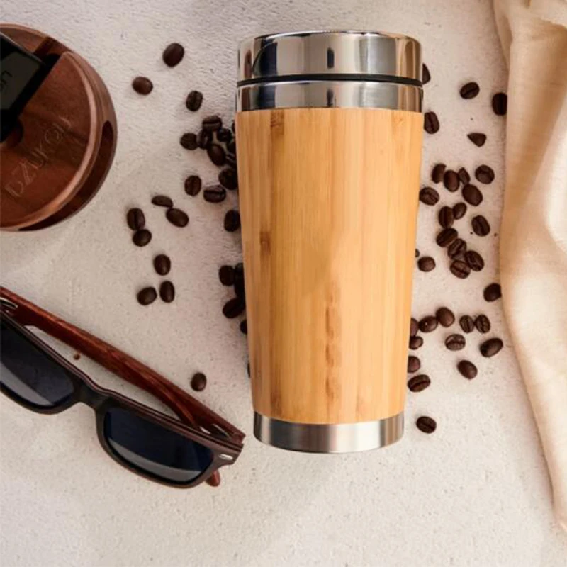 Wholesale 450ml Bamboo Shell Stainless Steel Coffee Travel Mug With Leak-Proof Insulated Reusable Bamboo Travel Tumblers