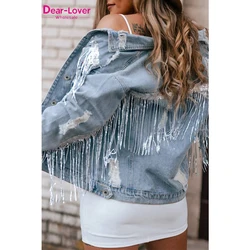Dear-Lover Woman Fashion Sequin Embellished Fringe Cropped Women's Distressed Denim Jacket