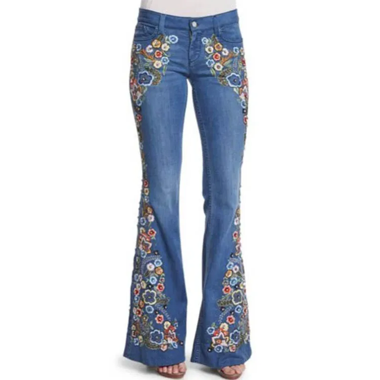 SBM New 2024 latest explosive models ladies elastic high skinny embroidered Slim thin washed flared pants women