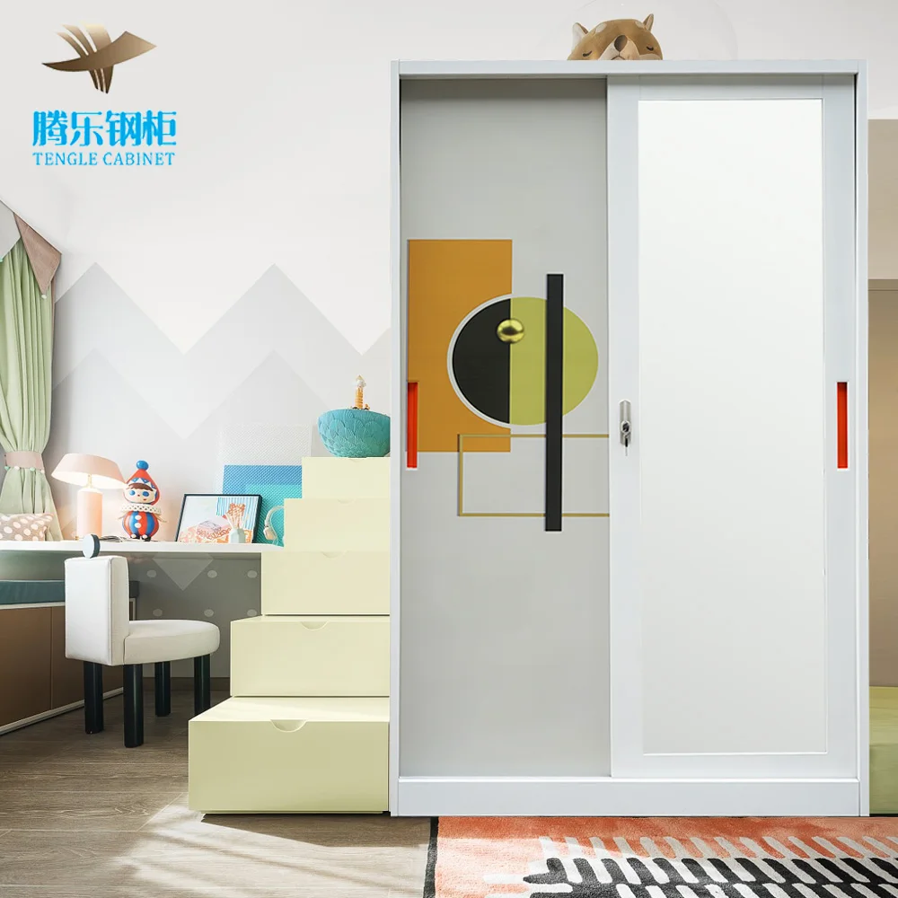 Bedroom Wardrobe 2 Sliding Doors Metal Wardrobe Printed Steel Iron Closet Wardrobe with mirror Steel Cabinet For Home