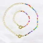 Beads Handcrafted Rainbow Colors 18K Plated Sailer Clasp Seed Beads With Natural Pearl Beads Chain Neklace