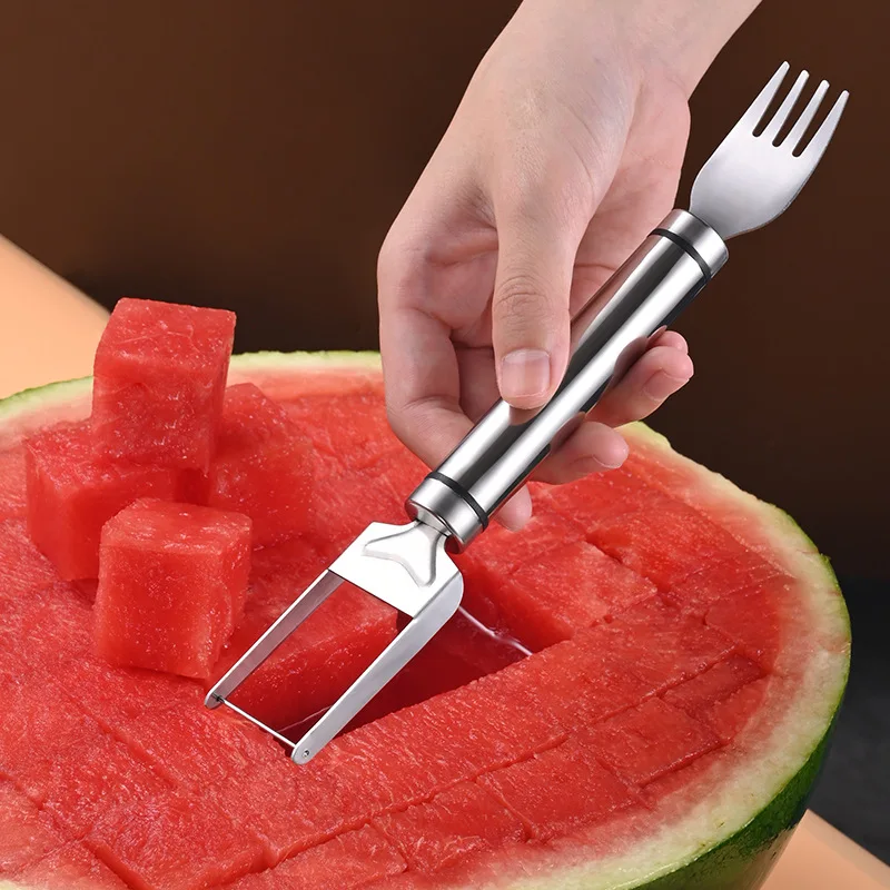 Creative Kitchen Small Gadgets 2 in 1 Fruit Melon Fork Stainless Steel Watermelon Cutter Fruit Watermelon Slicer Cutting Tool