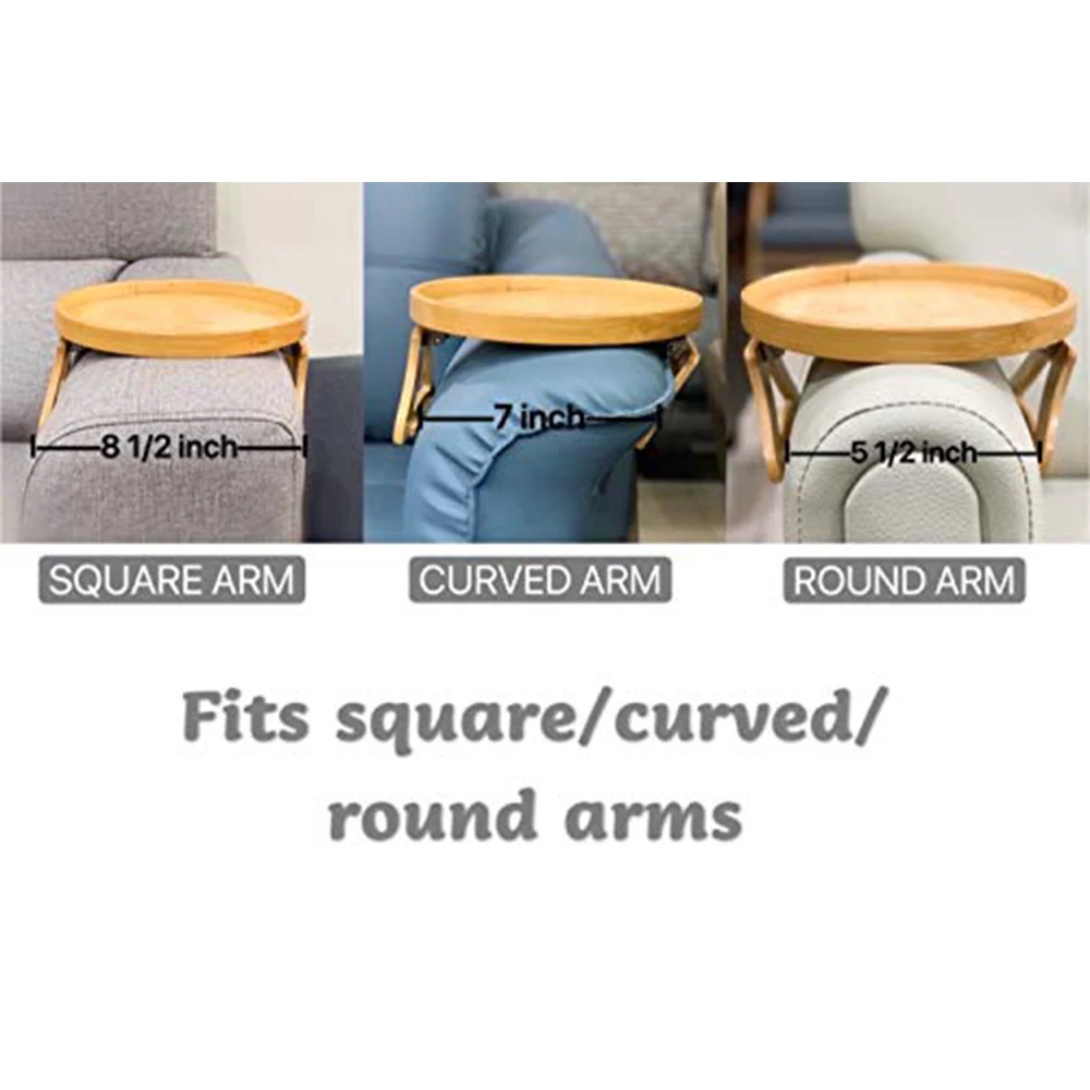 Customized Round Adjustable Mesa Wooden Sofa Tray Table Clip On Bamboo Sofa Tray Table Armrest Sofa Arm Tray For Wide Couches