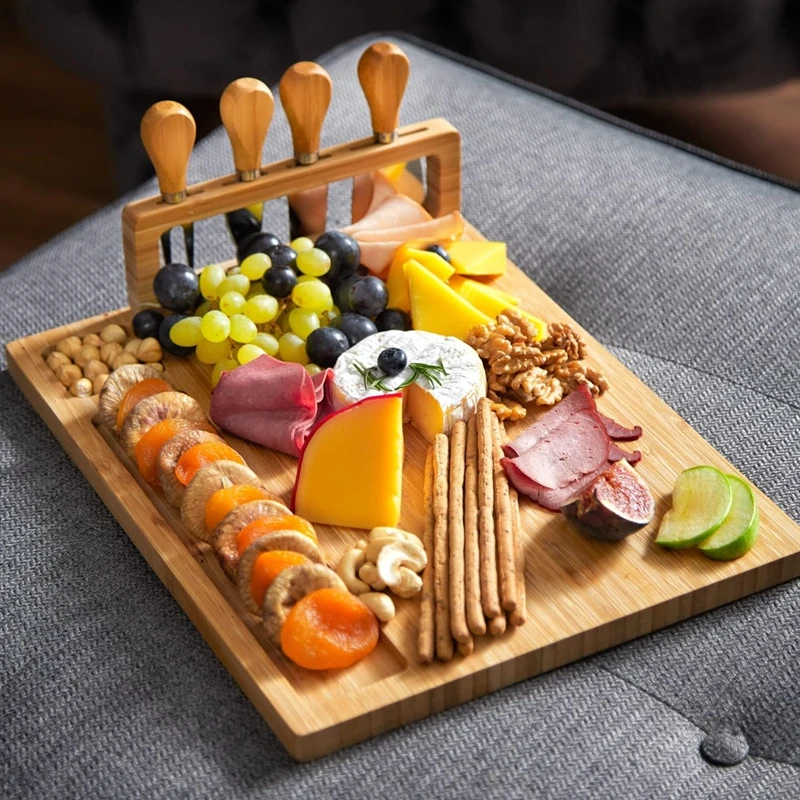 Hot Serving tray Wood Bamboo Cheese Board Set with Cutlery In Slide Out Drawer Cheese Platter Cutting Board wholesale