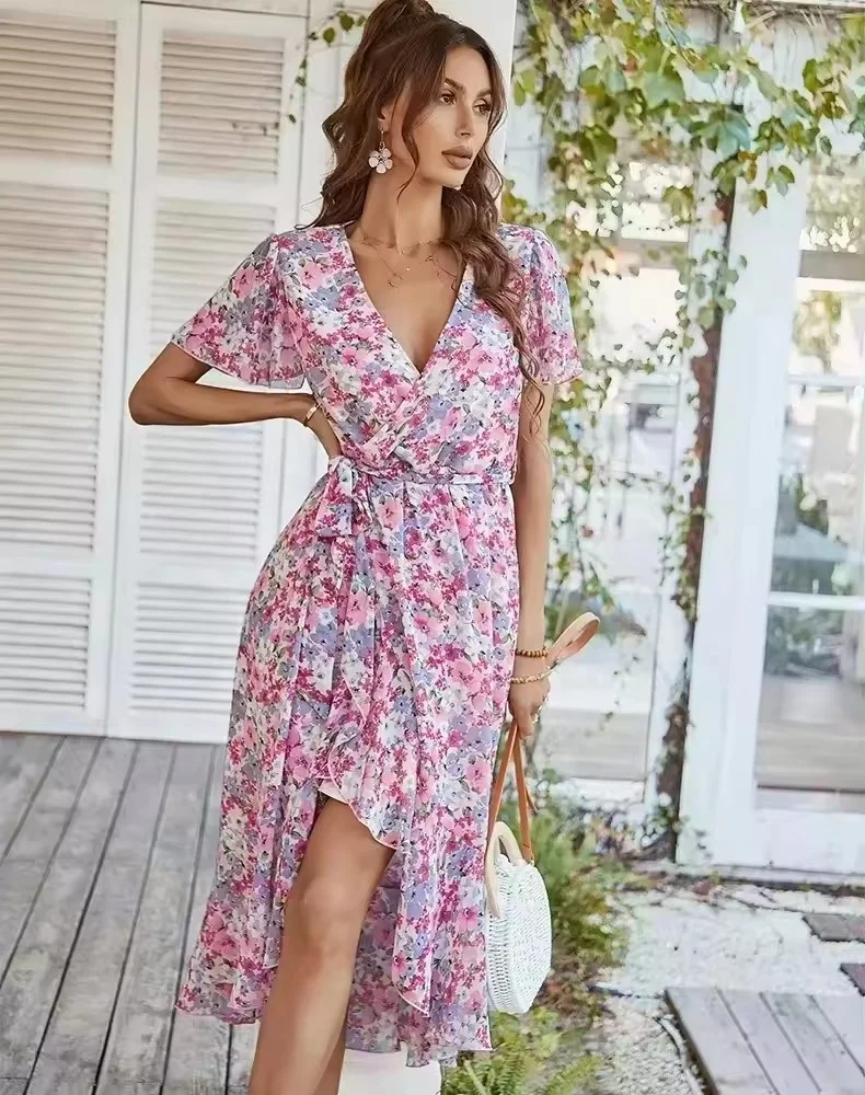 Wholesale 2024 Spring Elegance Lantern Long Sleeved Flip Collar Waist Slimming A-line Printed Shirt Women's Dress