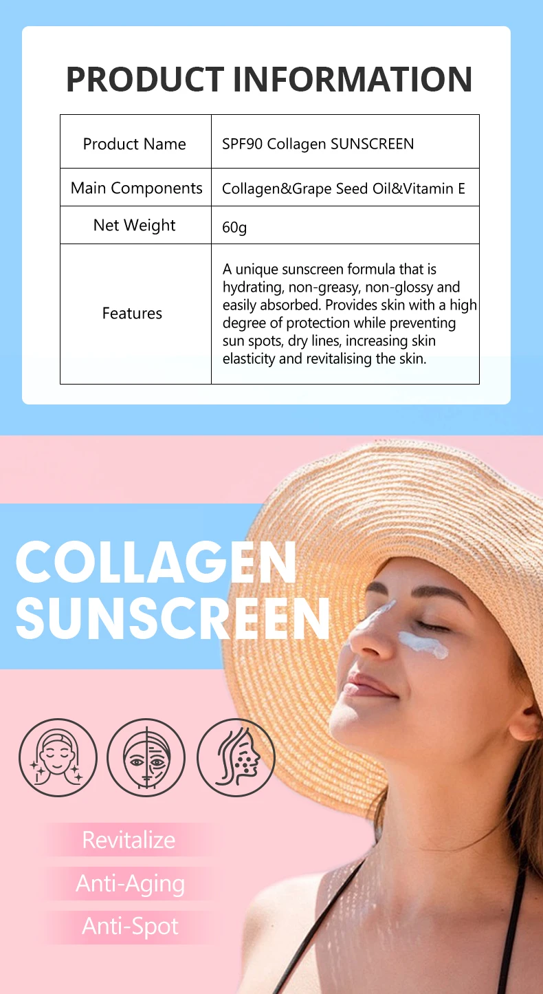 Organic Collagen Sunscreen Spf 90 Sun Protector Uv Protection Vitamin E Moisturizing Skin Aging Skin Care Sunscreen Lotion