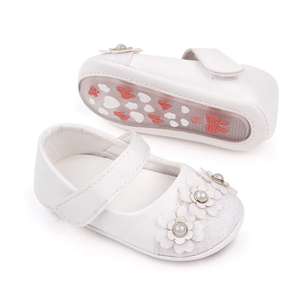 Solid Color PU Leather Glitter Pearl Flower Baby Girls Soft Soled Cute Princess Shoes details