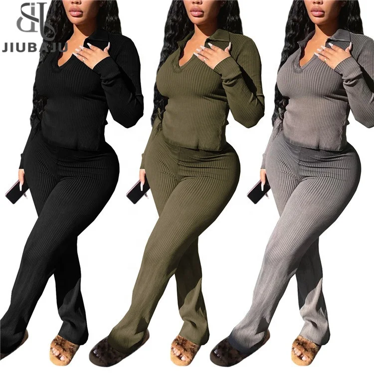 Ribbed 2 Two Piece Sets Tracksuit Womens Matching Sets Spring Outfits 2024 Long Sleeve T Shirts And Pants Sets