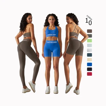 Women Elastic Cross-Back Sport bra Halter Bra Seamless 4 piece set Tummy Control Butt Lifting Pants Yoga Gym Fitness Set