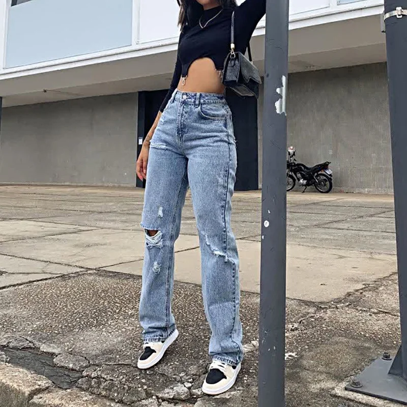 Ins Straight Ripped Jeans Hot Sale High Waist Cotton Denim Pants Blue Washed Baggy Jeans - Buy High Waist Straight Jeans,Baggy Jeans Fashion,Woman Jeans Demin Product on Alibaba.com