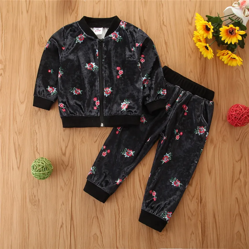 Custom new arrival baby girl clothing sets fashion floral girl's clothing two piece casual tracksuit for kids