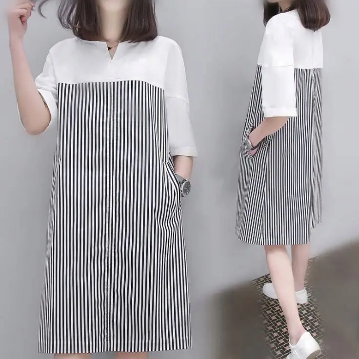 new fashion women dress  summer short - sleeved stripe dress girl loose A word to hit bottom skirt