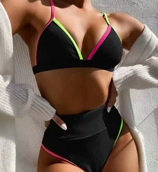 High Waist Bikini Swimsuit Slim Sexy Solid Color Beach Spa Swimwear Colorful Striped Straps Sexy Women's Swimwear