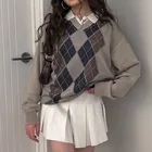 Knitted Sweater 2021 Fall Clothing Knitted Argyle V Neck Long Sleeve Pullover Sweater For Women
