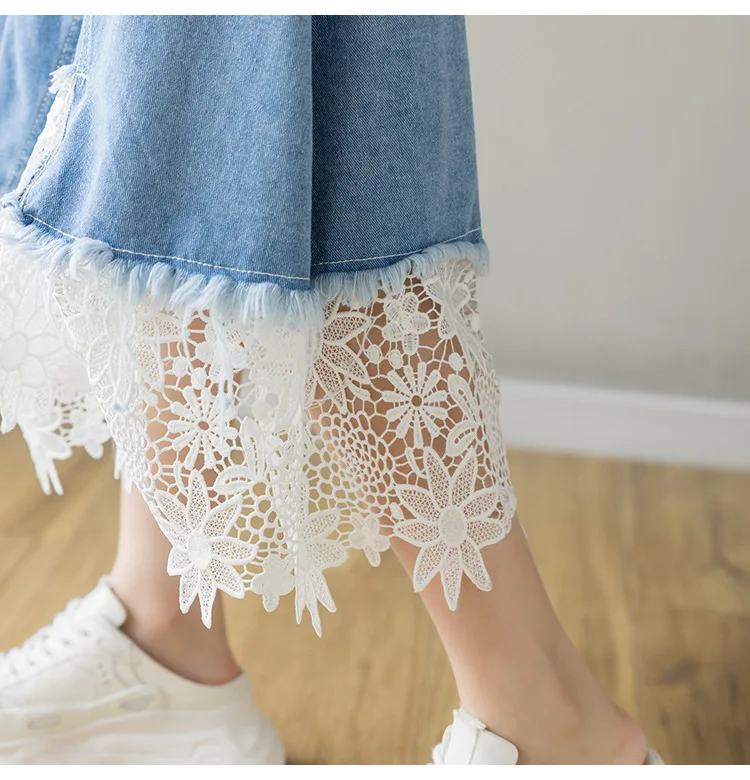 Real Shot A-line High-waisted Spring/autumn New Style Lace Chic Mid-length Umbrella Skirt Denim Washed Skirt Women Quick supplier