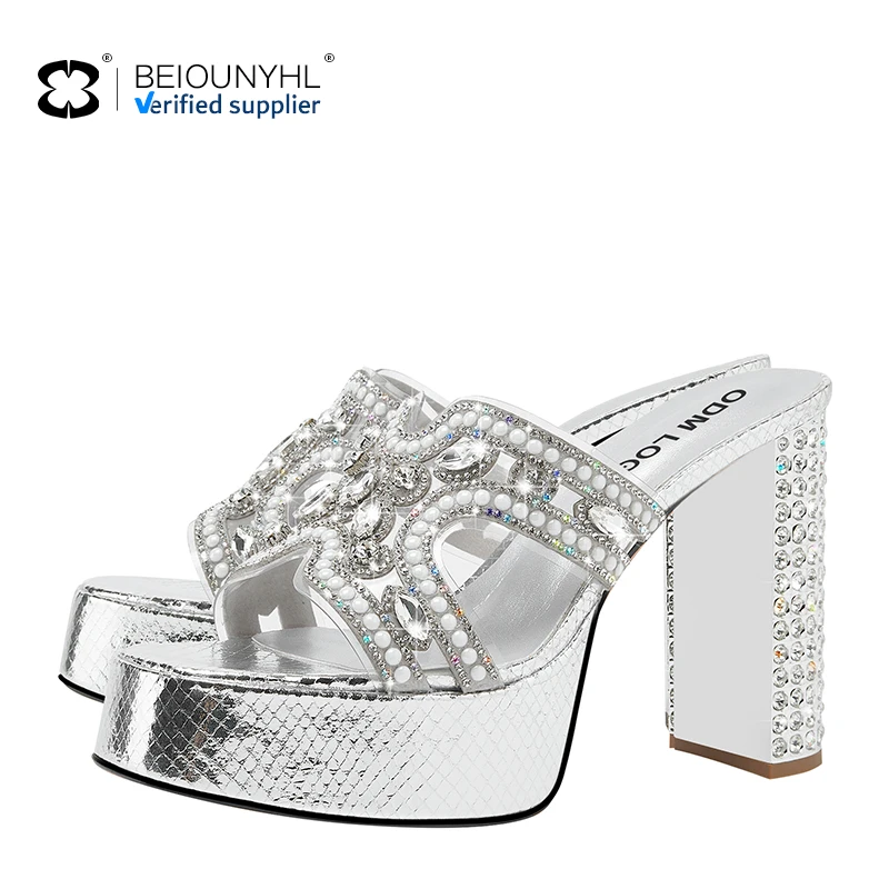 Custom Large Size Silver Women's Slippers Square Heel Sandals Summer Shoes High Heels Thick Female Slipper For Woman And Ladies