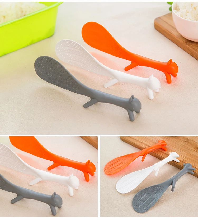 D160  Cute Kitchen Gadgets Household Scoop Restaurant Plastic Paddle Holder Meal Spoon Squirrel Shaped Ladle Rice Spoons