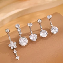 Hot Sale 5pcs/set Stainless Steel Body Piercing Flower Heart Dangle Belly Button Rings Surgical Steel Zircon Sexy Women's Navel