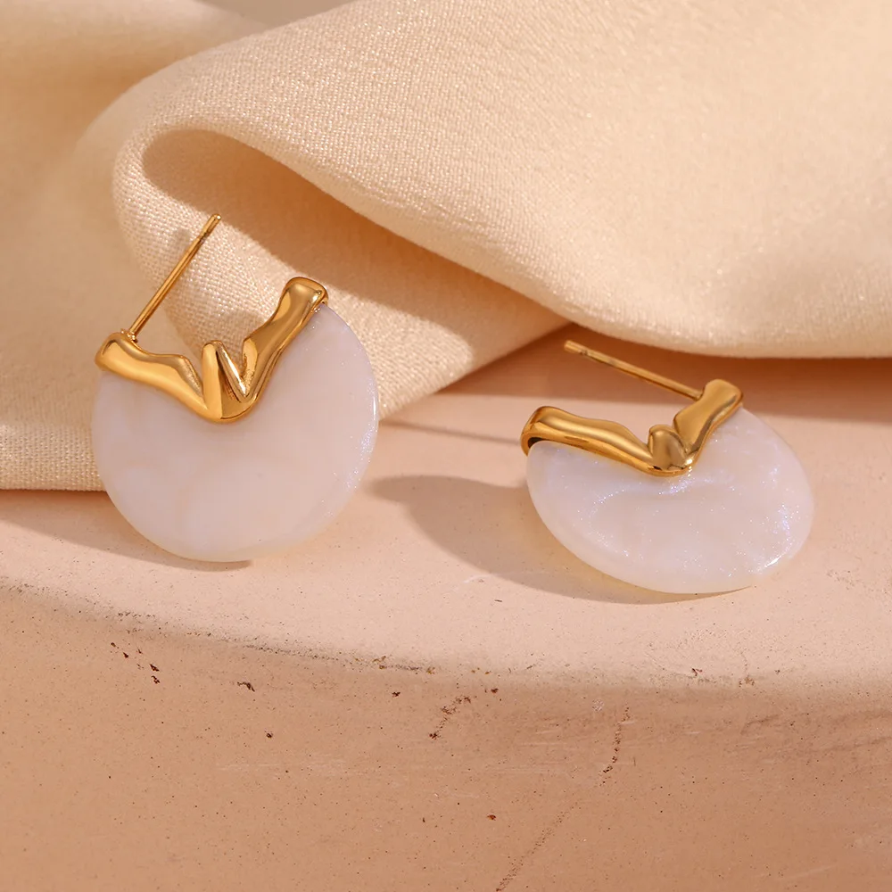 Hip Hop Stainless Steel Gold plated round white jade earrings gold for woman