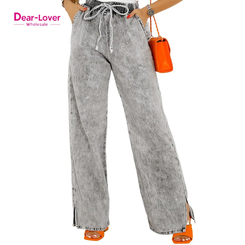 Dear-Lover Medium Grey Drawstring Elastic Waist Wide Leg Jeans For Women