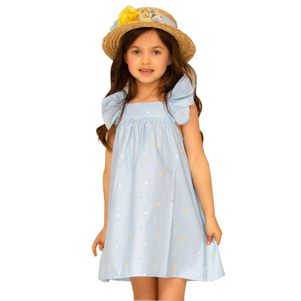 Children Girl Clothing Kids Clothes Light Blue Color Summer Print Ruffle Sleeveless Little Girls Dress