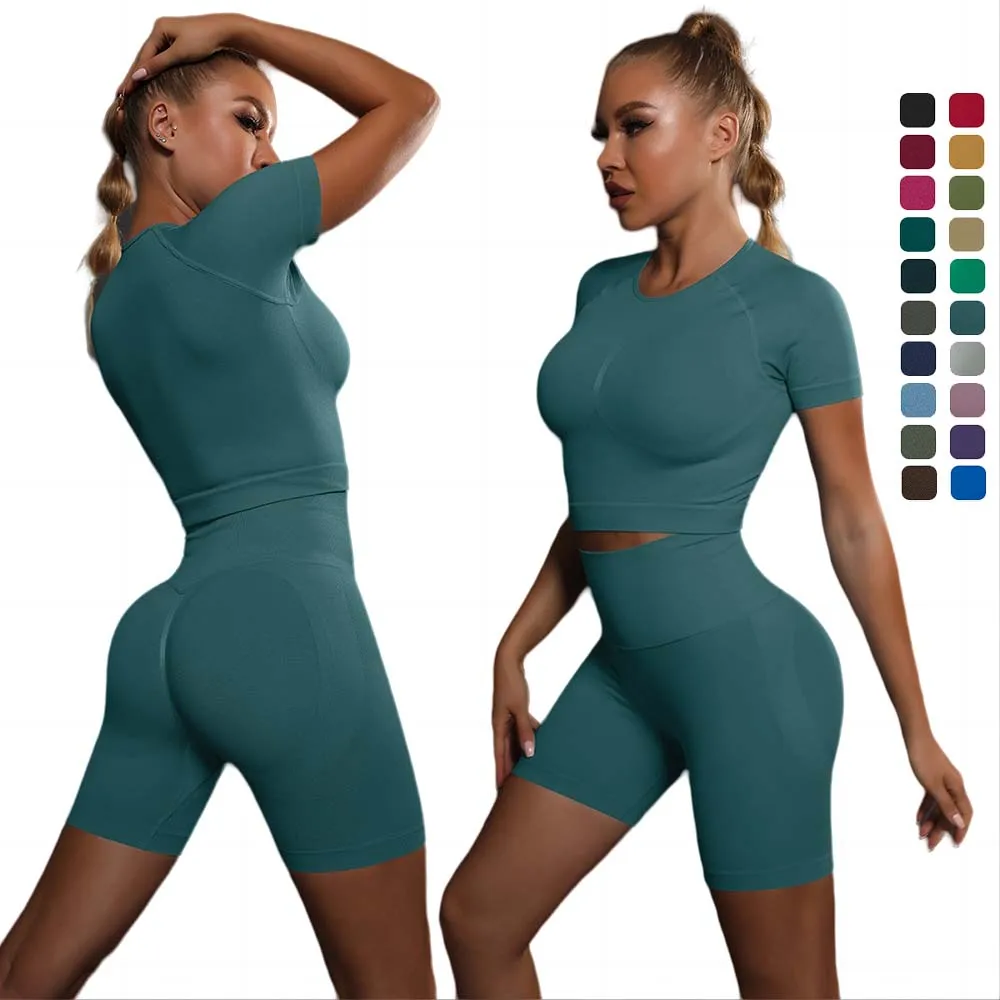 Lulu Summer new seamless peach hip solid color high elastic yoga short sleeve shorts set running sports fitness two-piece set