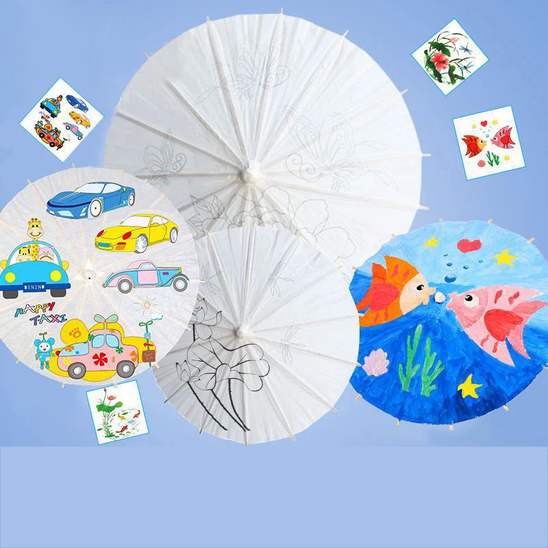 DD1519   Kids DIY Painted Chinese White Paper Umbrellas Small Handmade Drawing Blank Parasol Personalized Oilpaper Umbrella Kit