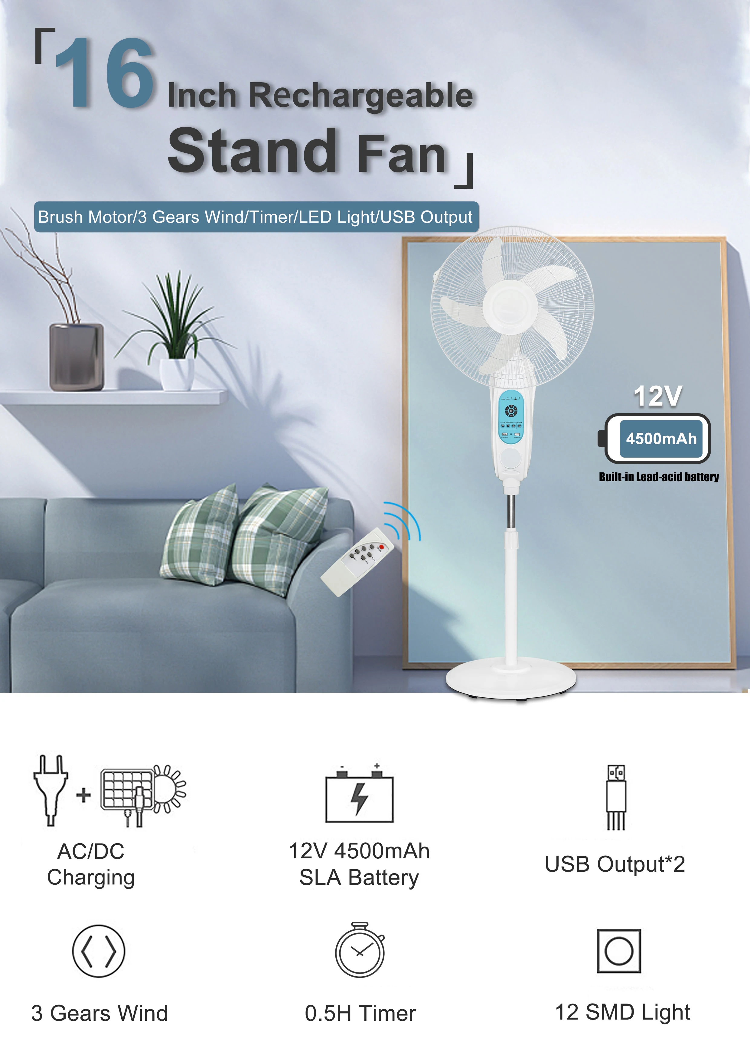Rechargeable Standing Fan, Solar, 30W, Plastic - detail 6