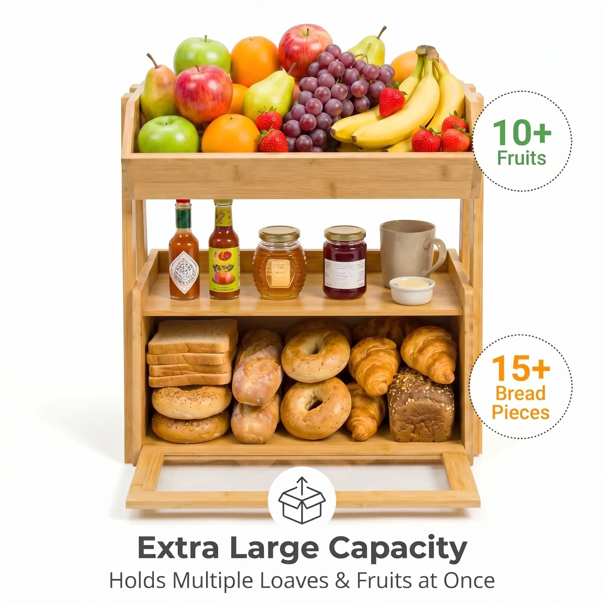 product multifunctional bamboo bread box with fruit basket 2 tier kitchen countertop organizer large capacity spice rack storage shelf-6