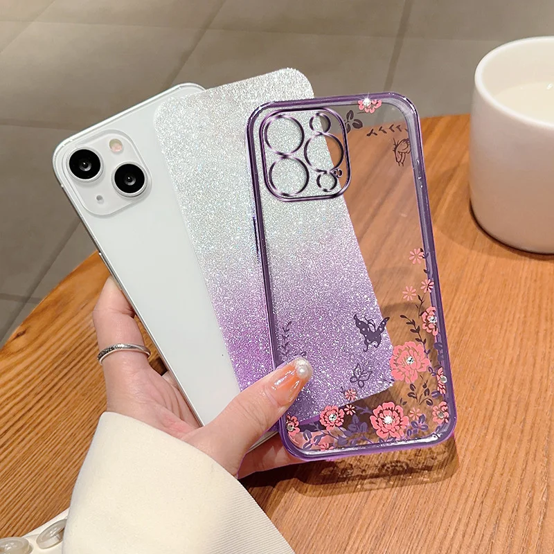 Luxury Plating Gradient Glitter Diamond Flower Pattern Clear Phone Case For iPhone 15 14 13 12 11 Pro Max Soft TPU Back Cover