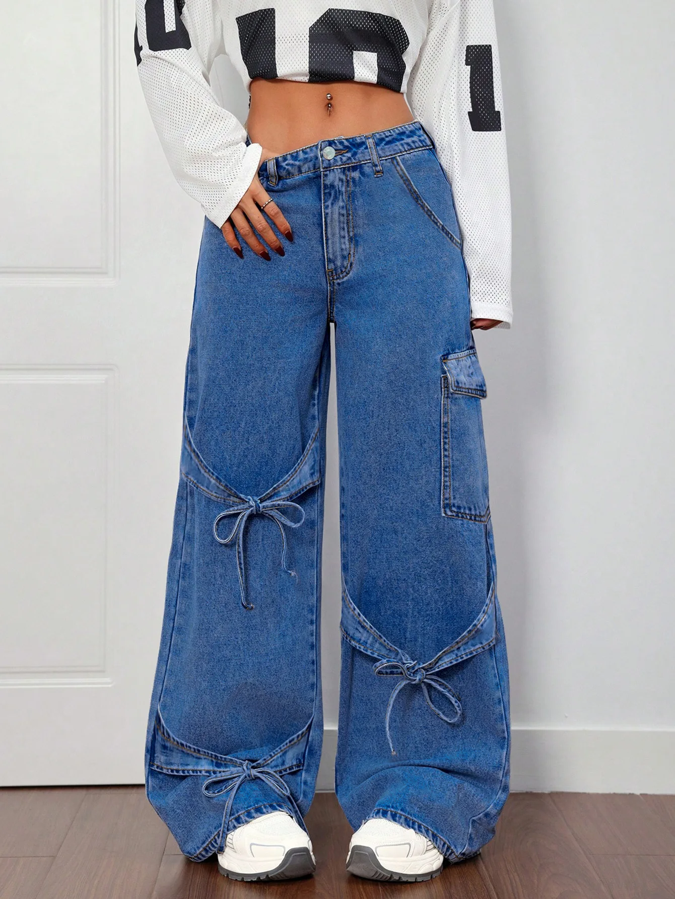 American Style Bow Tie Overalls Denim Jeans Women's Casual Summer Straight-leg Plus-size Women's Trousers supplier