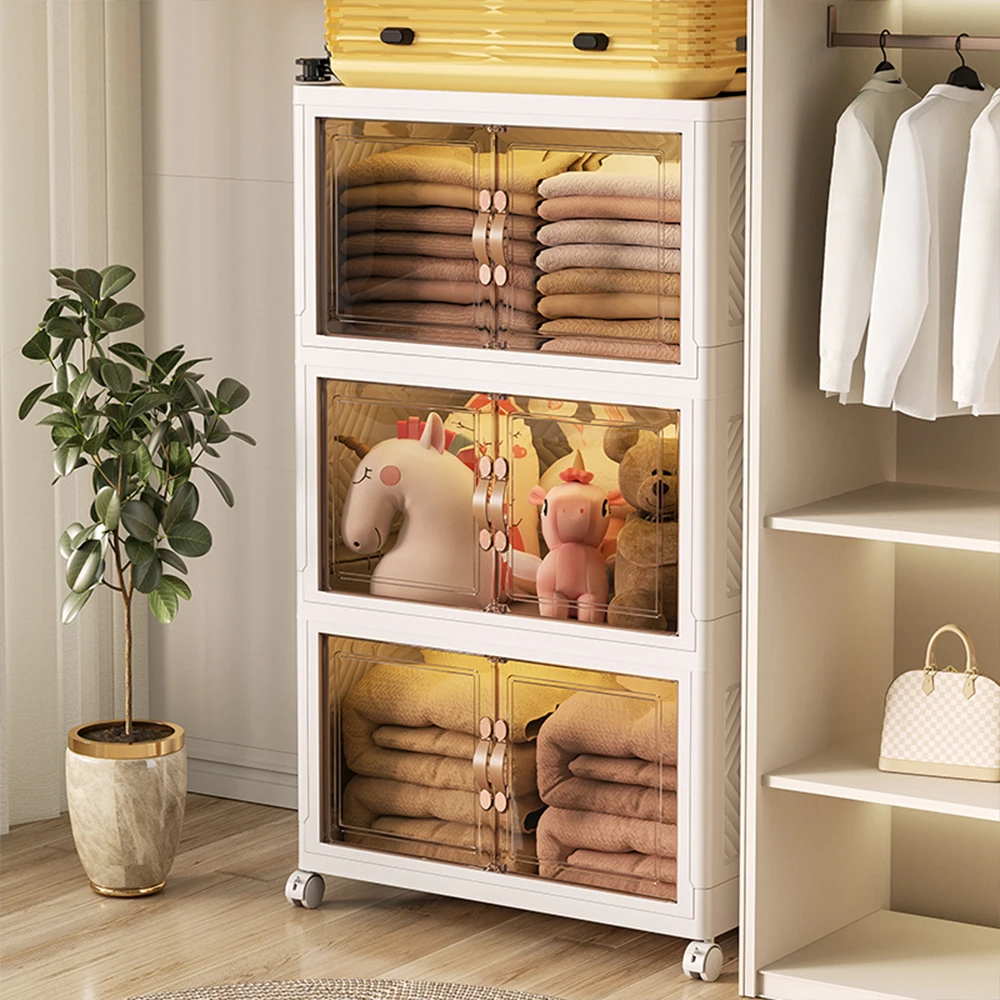 Clothes Plastic Folding Bins Box Office Bedroom Transparent Foldable Double Door 5 Shelf Drawers Storage Cabinet