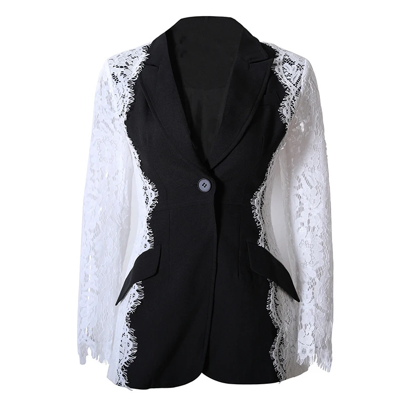 A7069 Newest Women Clothes Contrast Black and White Blazers Lace Long Sleeve Women Jacket