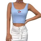 Women Vest Lady Y2K Cotton Blue Cherry Tank Top Embroidered Women Vest Tops