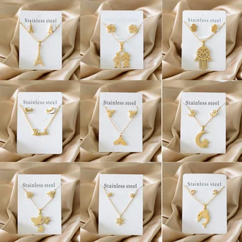 High Quality Cheap Brand Dubai Gold Plated Stainless Steel Pendant Necklace Earrings Jewelry Set For Women