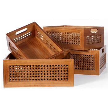 Wooden Storage Baskets (Set of 4) Handmade Rattan Drawer Organizer with Frame and Handles Natural Bamboo Decorative Organizer