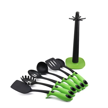 Portable Green colored 6 pcs non stick durable dishwasher safe kitchen nylon utensil set with stand